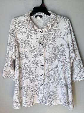 Vintage YUSHI Gauzy Cotton White Floral Toggle Button Flowy Oversized Top Sz L